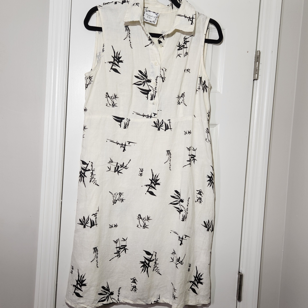 Vintage 100% Linen Sleeveless Black & White Dress Womens Medium